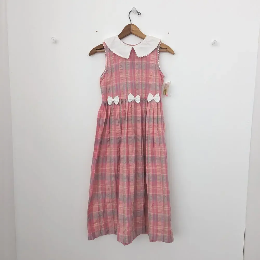 Vintage Copper Key Dress Girls Size 12 Pink Plaid Seersucker Sundress Bow